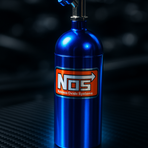 Blue NOS Bottle Keychain – The Boost Never Sleeps Blue NOS nitrous oxide bottle keychain on a dark carbon fiber background.