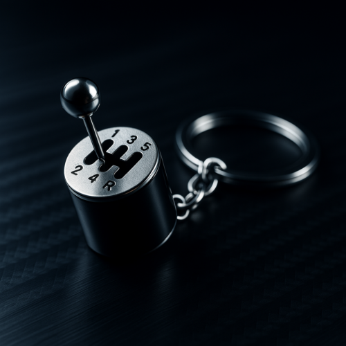 Manual Gear Shifter Keychain – Precision Meets Style Metal manual gear shifter keychain with polished finish on a dark carbon background.